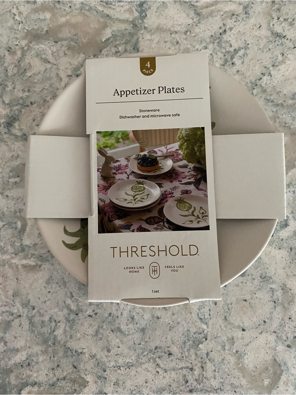 Threshold White Stoneware Appetizer Plates with Green Floral Accent - Set